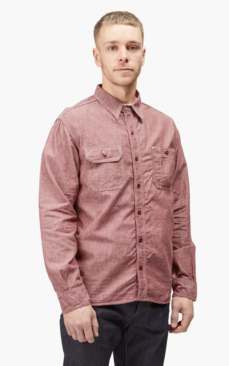 Momotaro Jeans MS044 5oz Chambray Work Shirt Red - Image 7