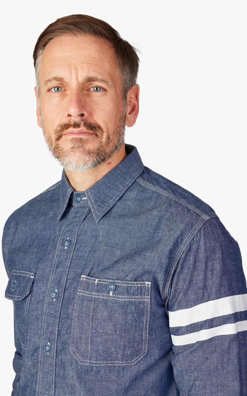 Momotaro Jeans MS044S GTB Stripe 5oz Chambray Work Shirt Indigo - Image 5