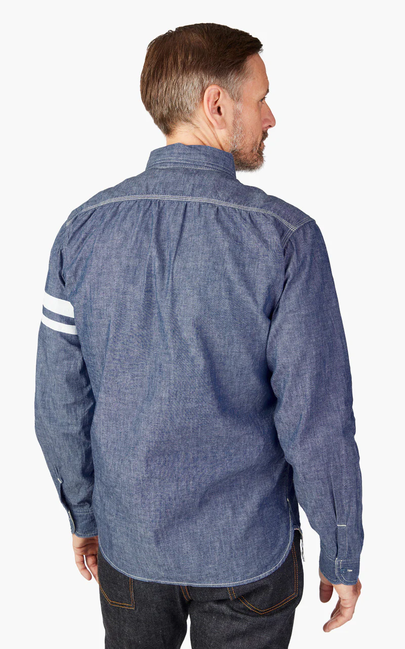 Momotaro Jeans MS044S GTB Stripe 5oz Chambray Work Shirt Indigo - Image 6