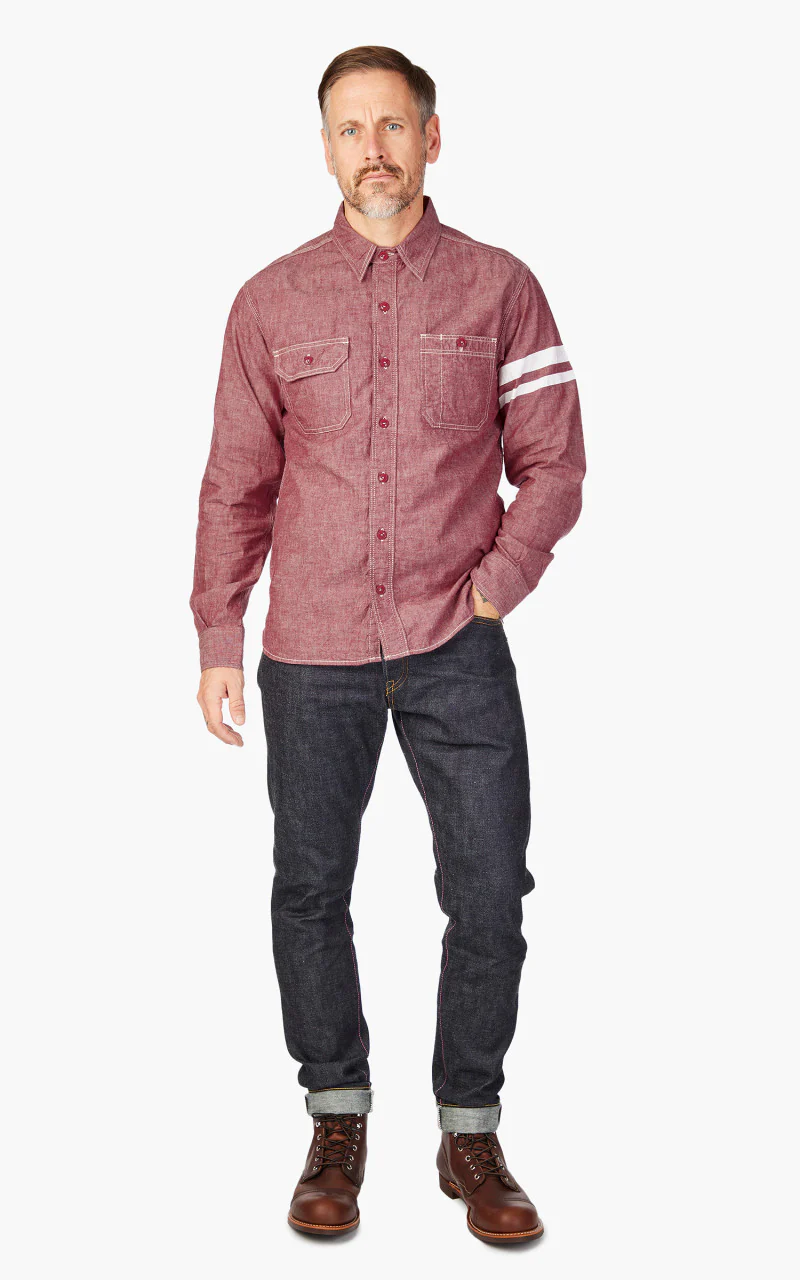 Momotaro Jeans MS044S GTB Stripe 5oz Chambray Work Shirt Red - Image 2