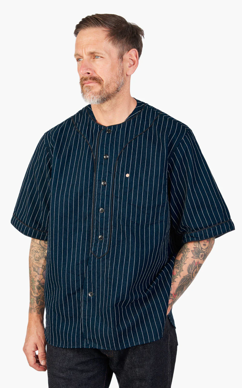 Momotaro Jeans MSS1040M31 Indigo Stripe Baseball Shirt - Image 4