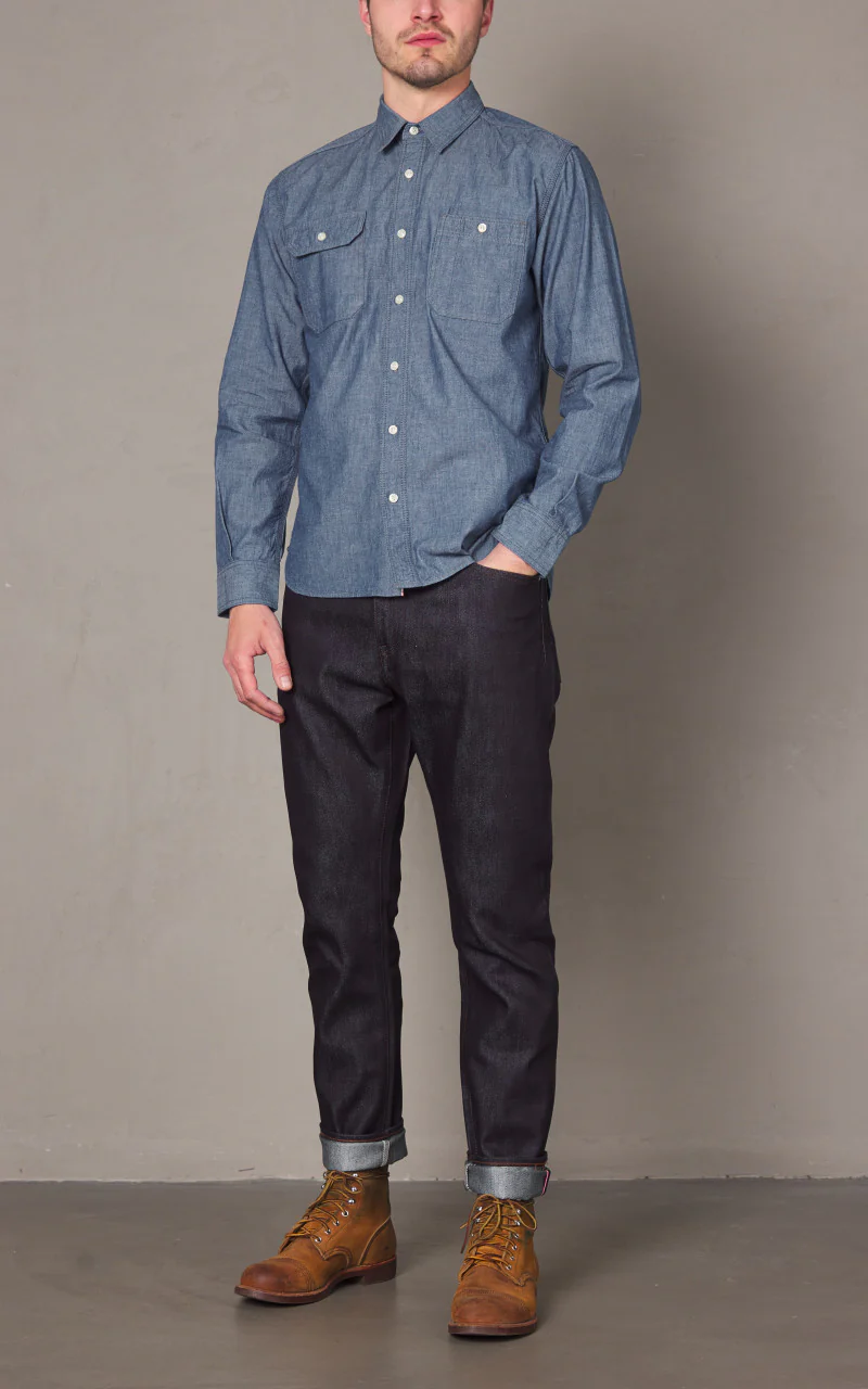 Momotaro Jeans MXLS1010 5oz Selvedge Chambray Shirt Indigo - Image 4