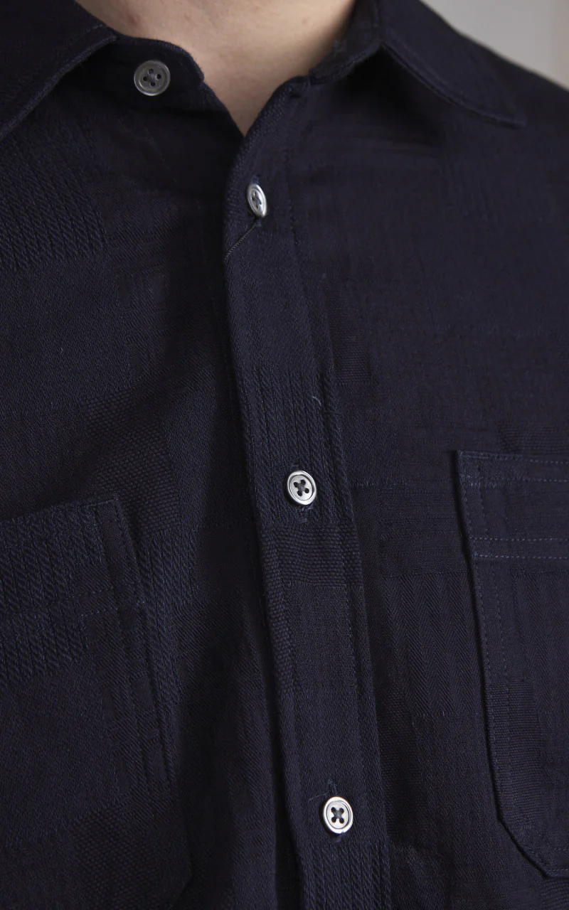 Momotaro Jeans MXLS1026 Indigo Dyed Sashiko Jacquard Shirt Indigo - Image 3