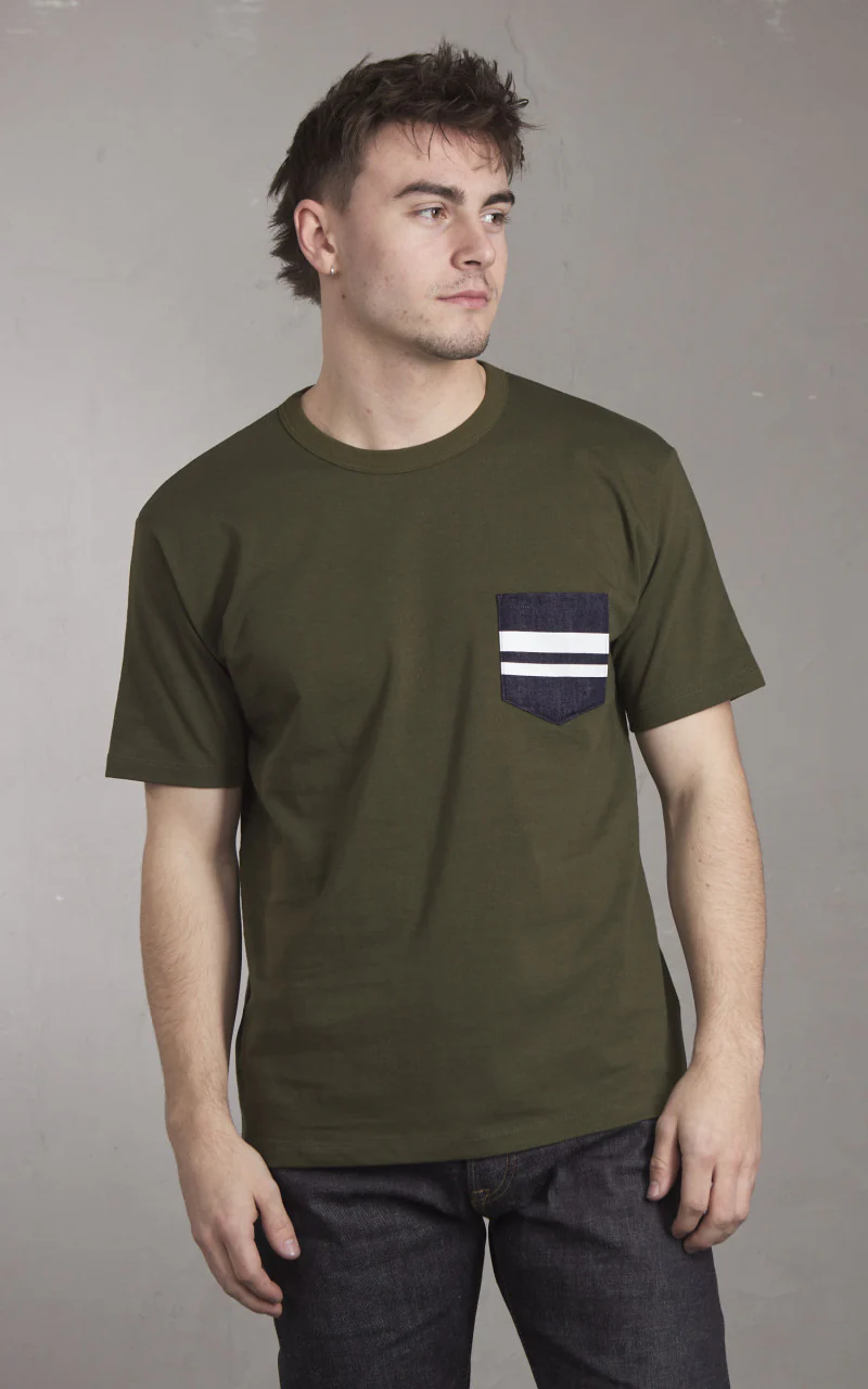 Momotaro Jeans MZTS0003 GTB Denim Pocket T-Shirt Olive Drab 8.5oz - Image 2