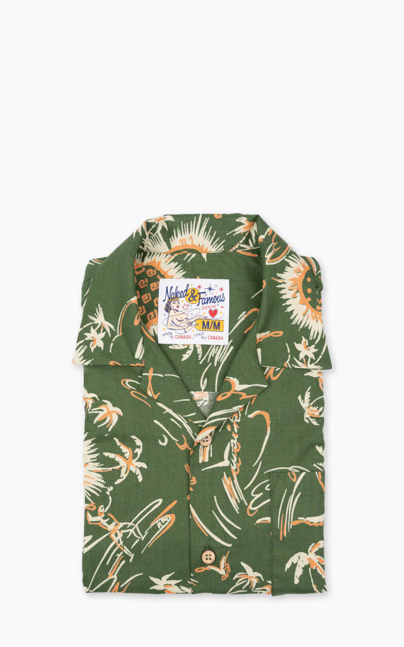 Naked & Famous Denim Aloha Shirt Waikiki Waves Green