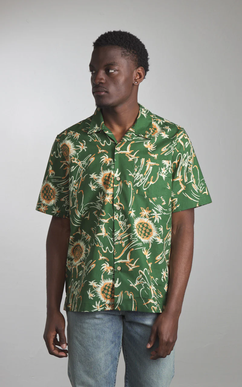 Naked & Famous Denim Aloha Shirt Waikiki Waves Green - Image 2