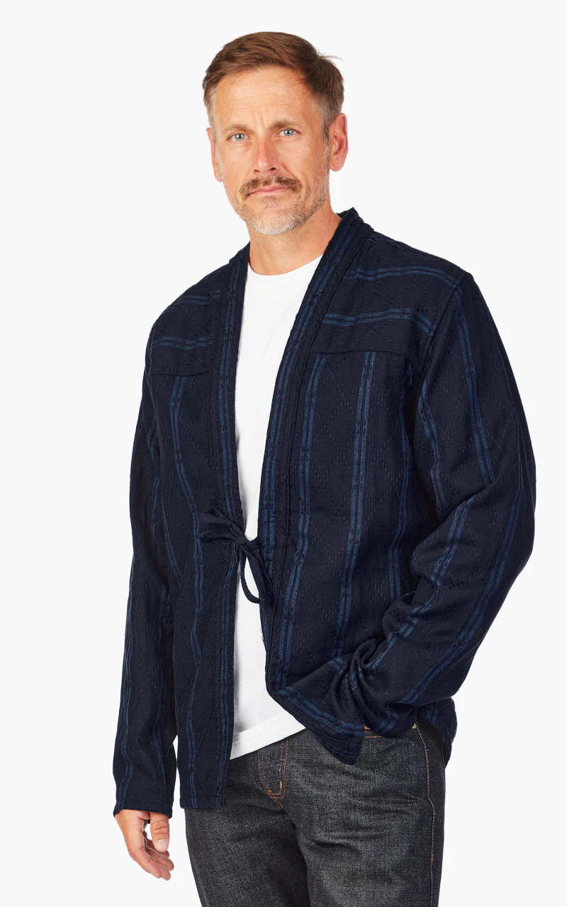 Naked & Famous Denim Kimono Shirt Sashiko Double Gauze Indigo Stripe - Image 4