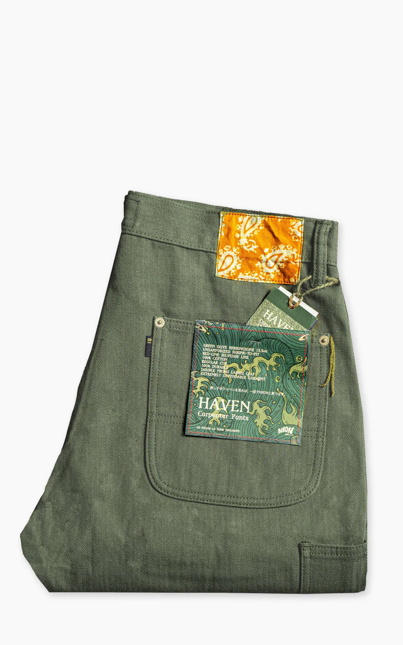 NBDN Haven Herringbone Selvedge Carpenter Pants Olive Green 15.5oz - Image 3
