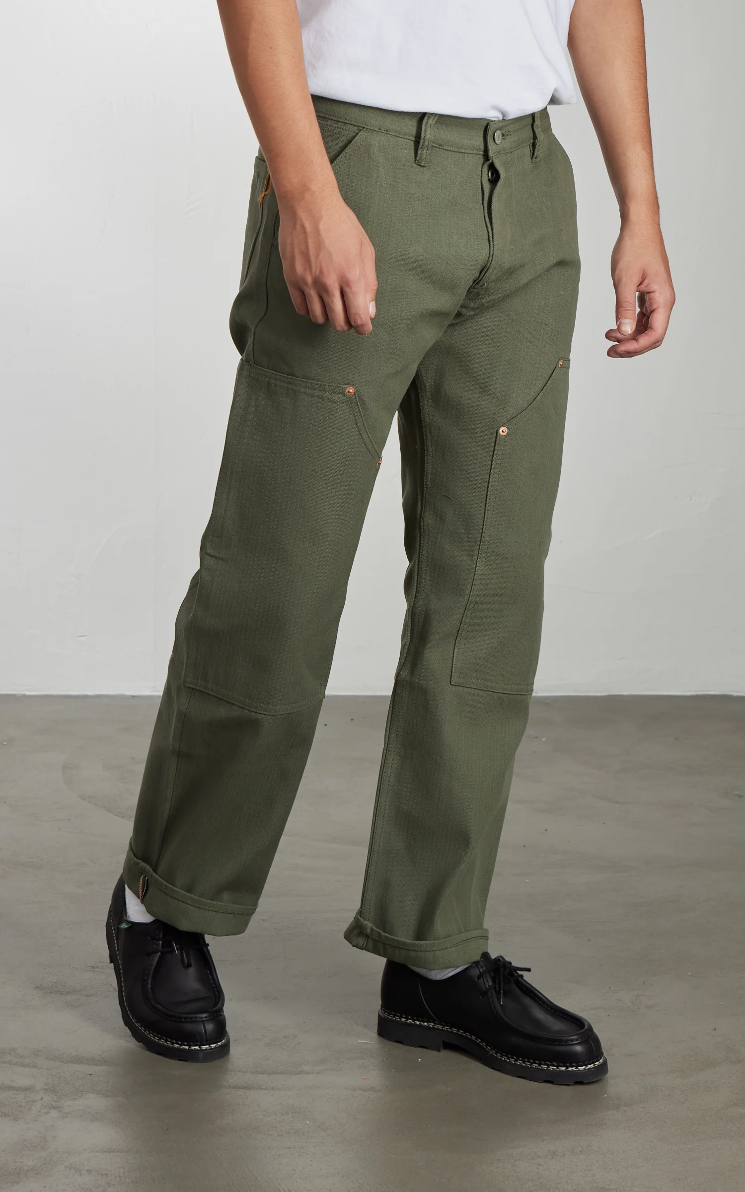 NBDN Haven Herringbone Selvedge Carpenter Pants Olive Green 15.5oz - Image 5