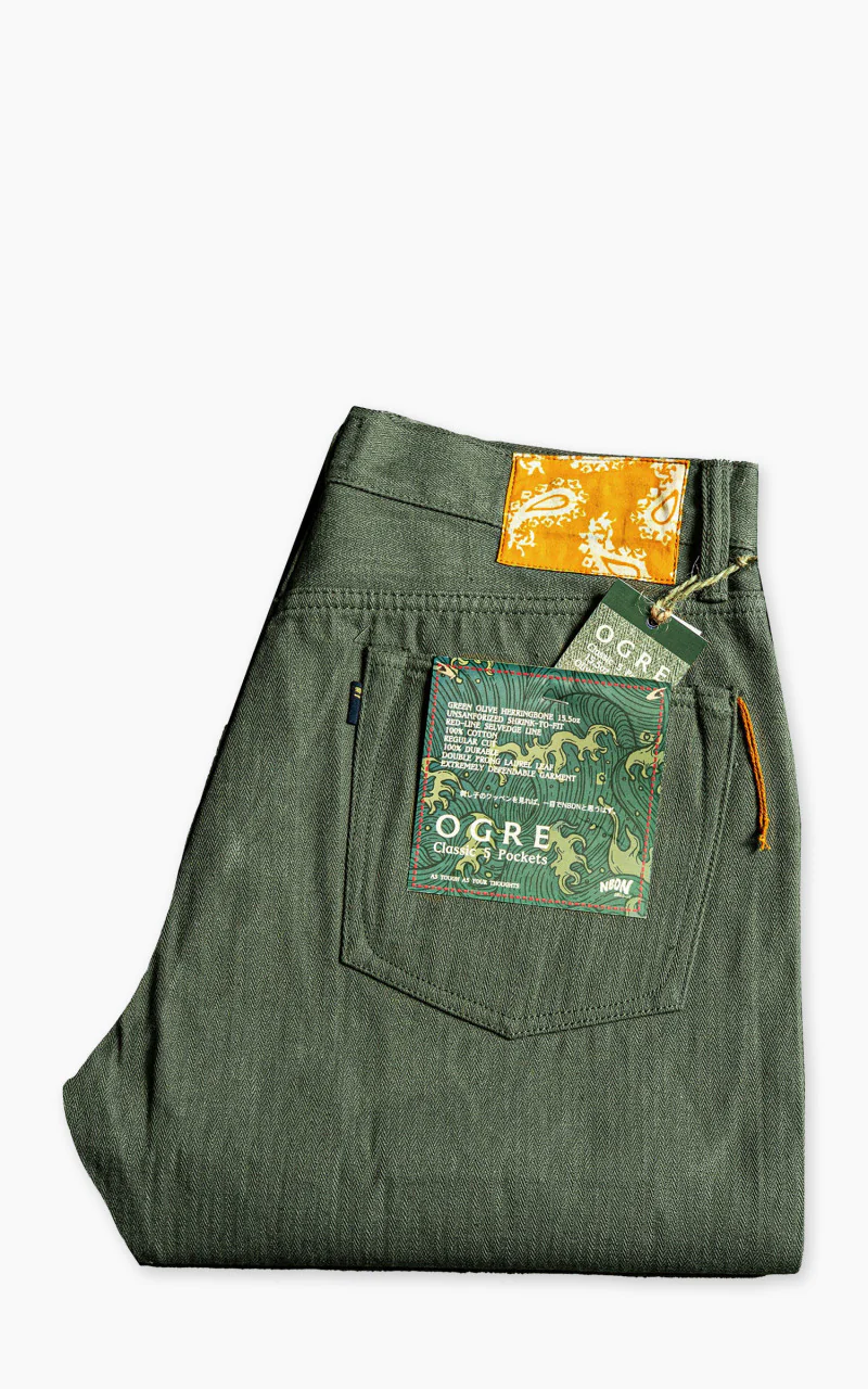 NBDN Ogre Herringbone Selvedge 5-Pocket Jeans Olive Green 15.5oz - Image 4