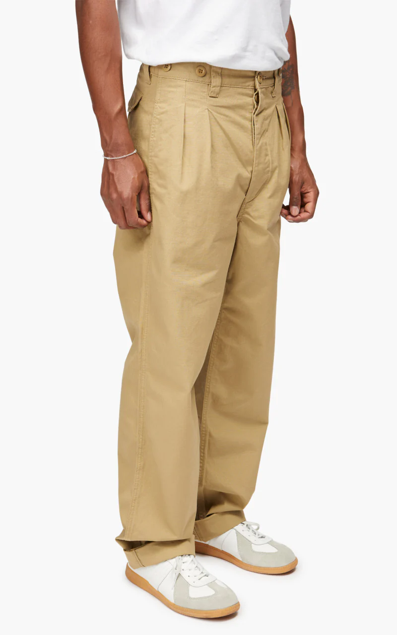 Nigel Cabourn Pleated Chino Cotton Ripstop Tan - Image 4