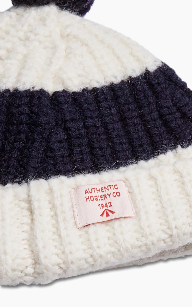Nigel Cabourn Striped Pom Pom Beanie Natural/Navy - Image 2