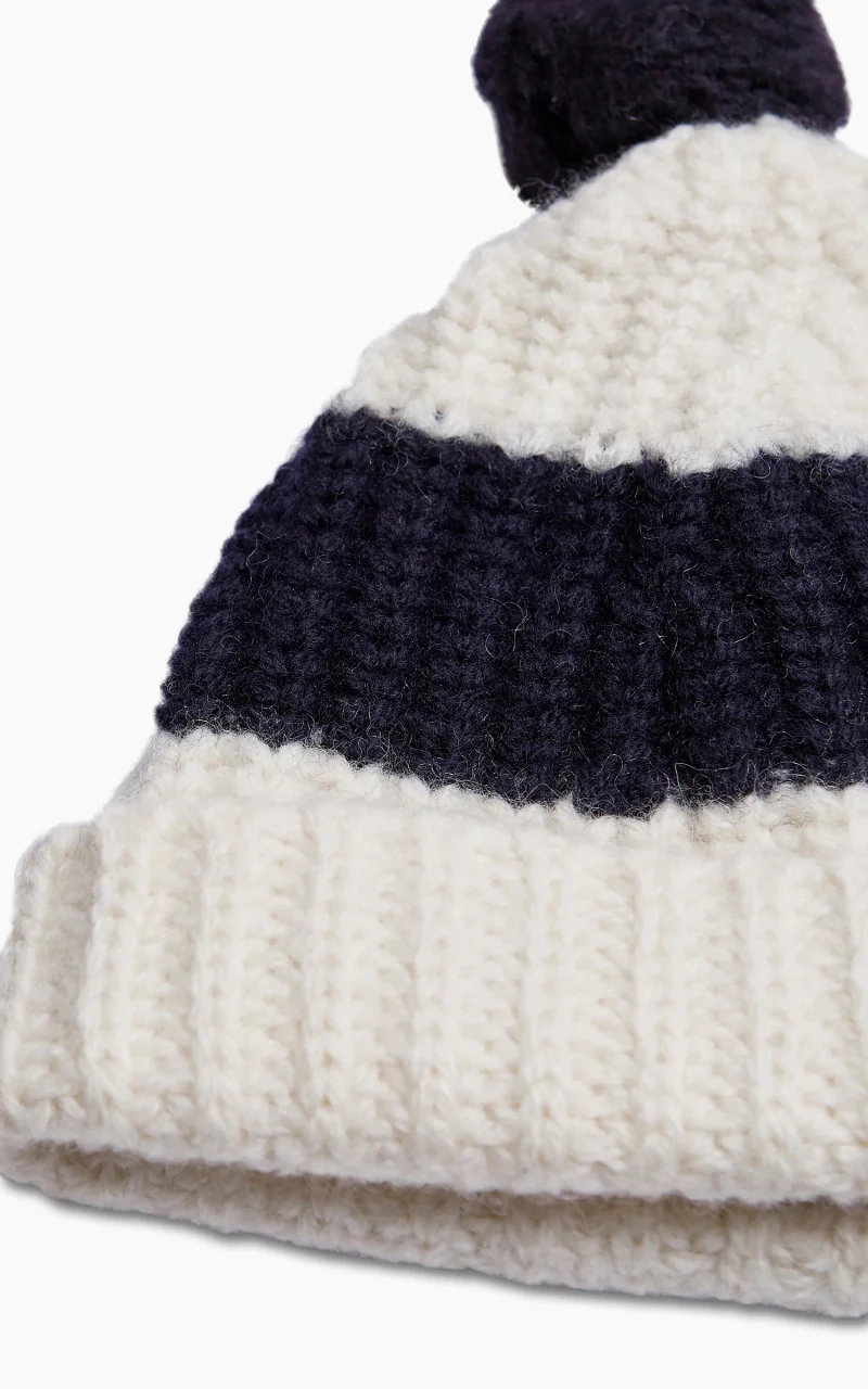Nigel Cabourn Striped Pom Pom Beanie Natural/Navy - Image 3