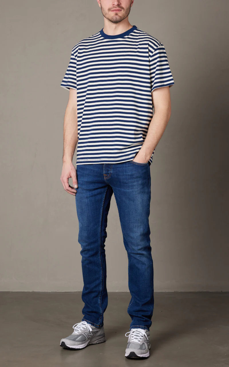 Nudie Jeans Leif Breton Stripe T-Shirt Offwhite/Blue - Image 2