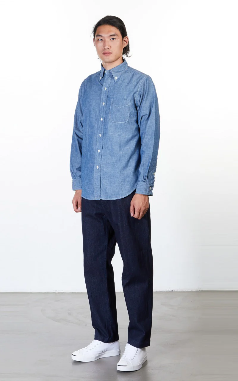 OrSlow Button Down Chambray Shirt Blue - Image 3