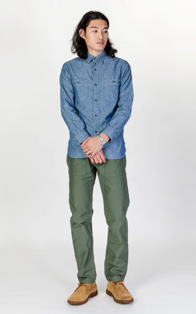 OrSlow Chambray Work Shirt Blue - Image 3