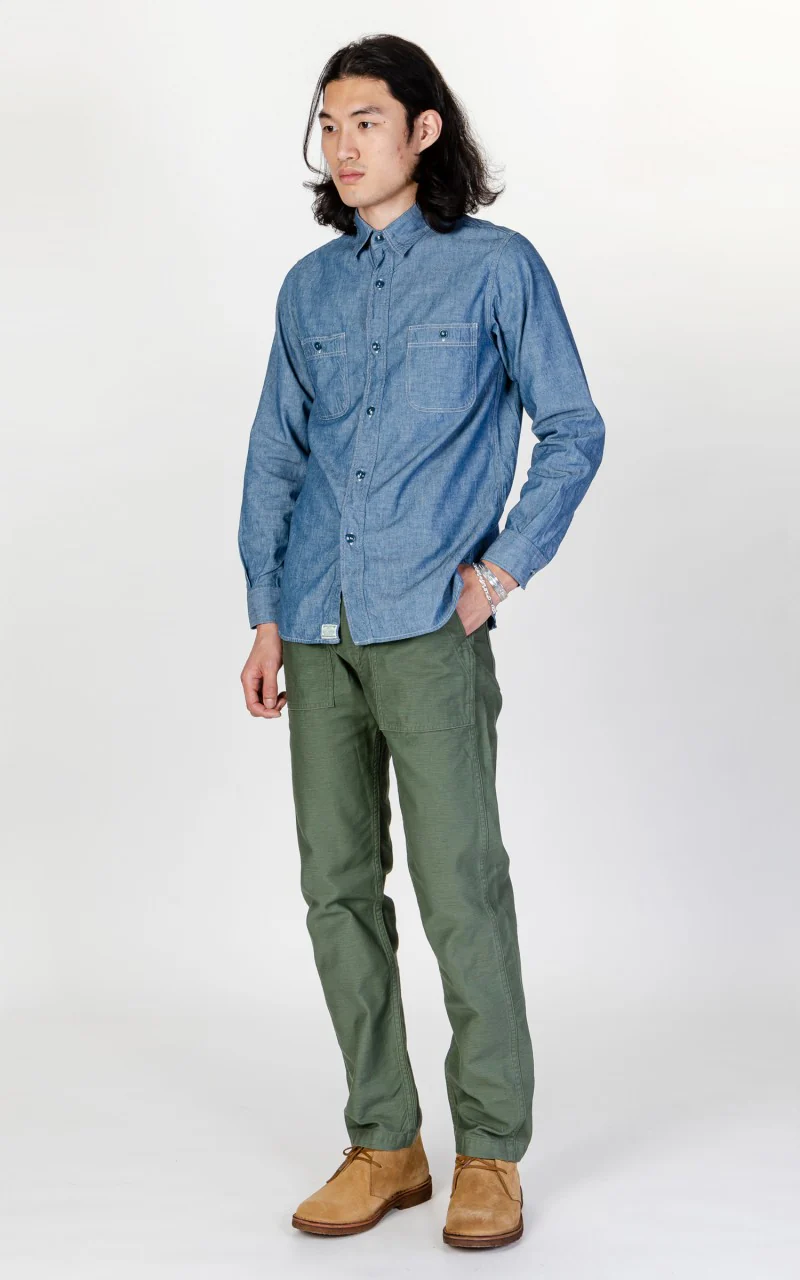 OrSlow Chambray Work Shirt Blue - Image 4