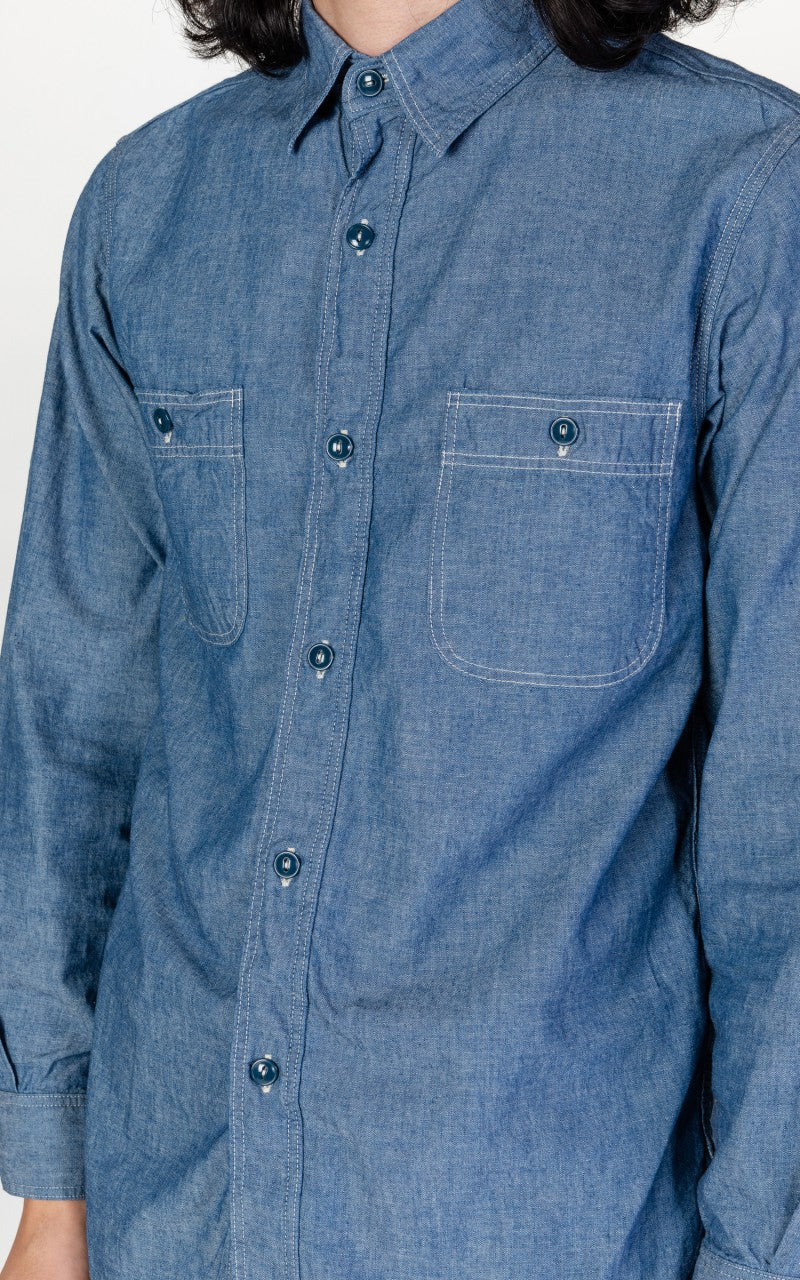 OrSlow Chambray Work Shirt Blue - Image 6
