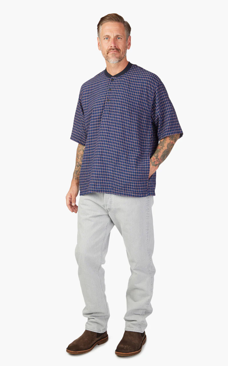 OrSlow Cotton Linen Pullover Shirt Indigo Check - Image 2