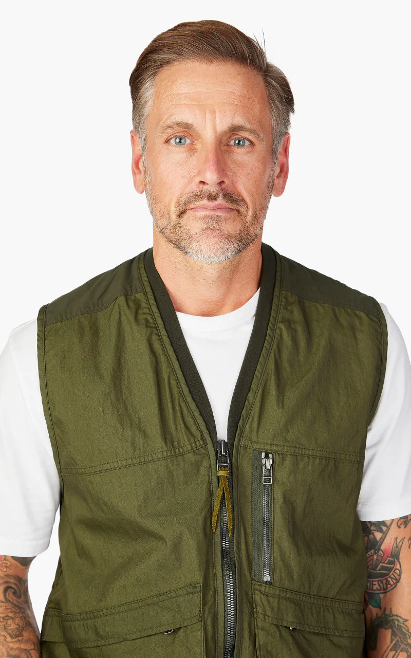 OrSlow Cotton Nylon Utility Vest Army Green - Image 4