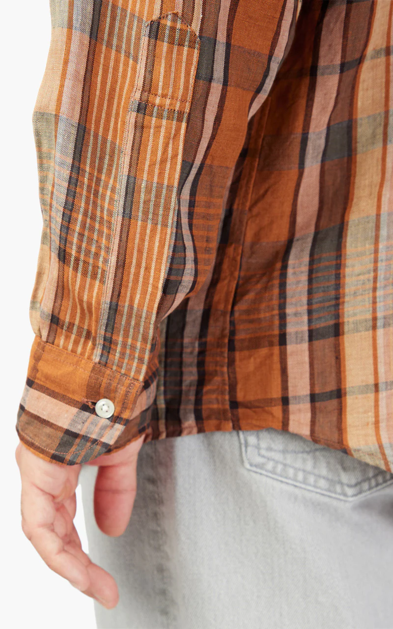 OrSlow Linen Button Down Safari Shirt Orange Check - Image 7