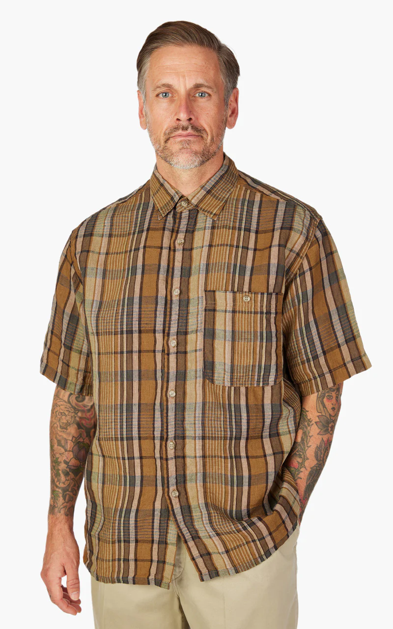 OrSlow Linen Short Sleeve Shirt Orange Check - Image 4