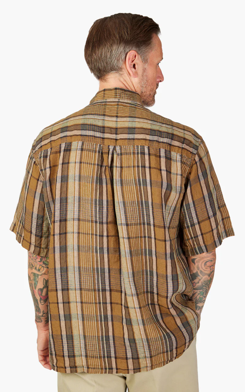 OrSlow Linen Short Sleeve Shirt Orange Check - Image 6