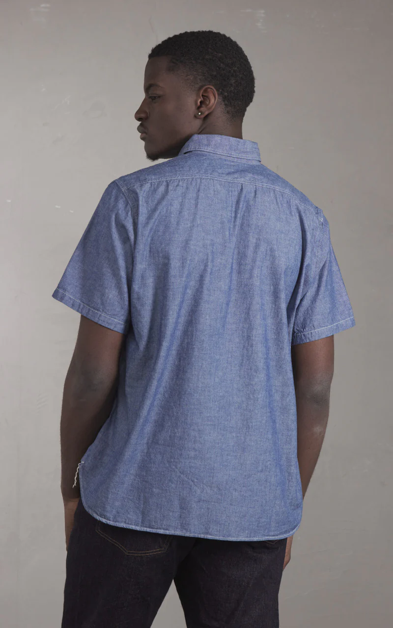 OrSlow Short Sleeve Chambray Work Shirt Blue - Image 5