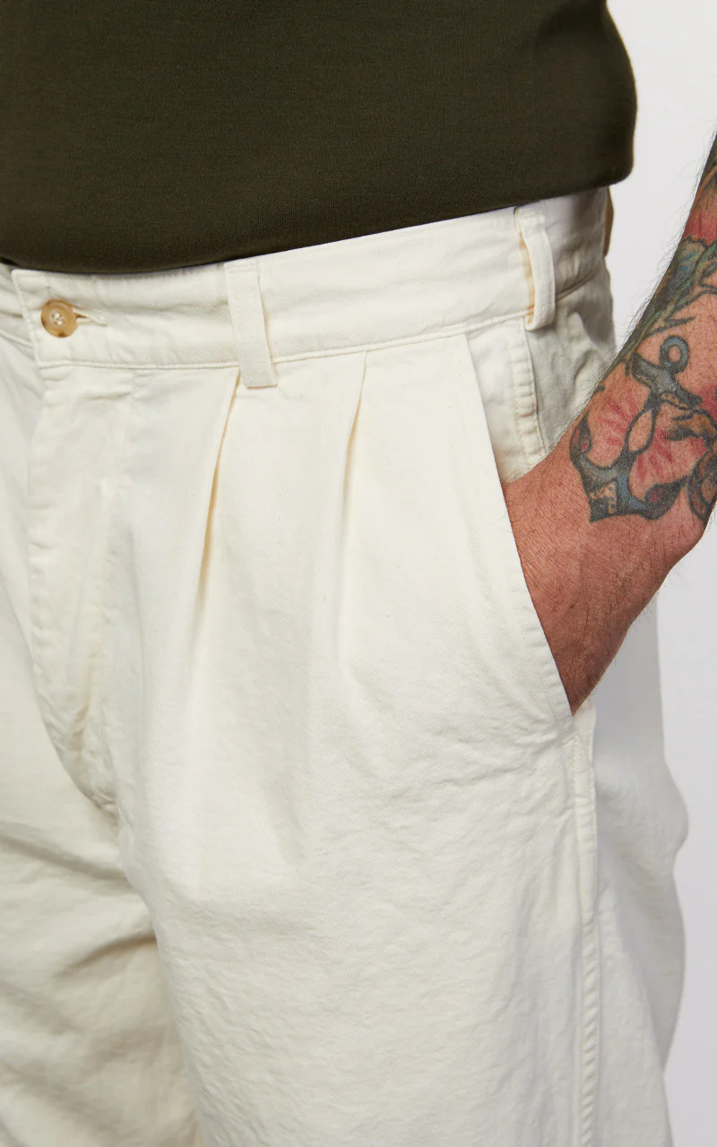 OrSlow Two Tuck Kinari Denim Wide Trousers Ecru - Image 9