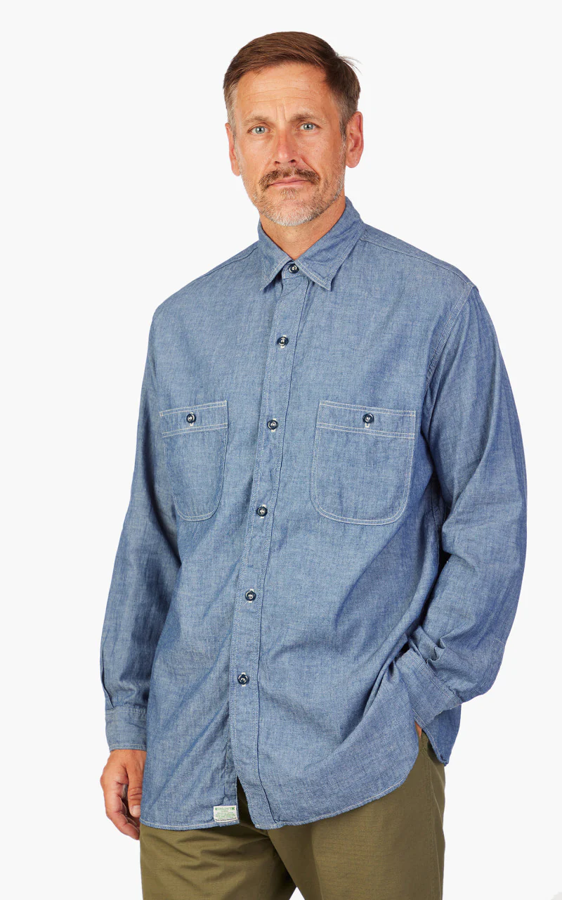 OrSlow Vintage Fit Chambray Work Shirt Blue - Image 2