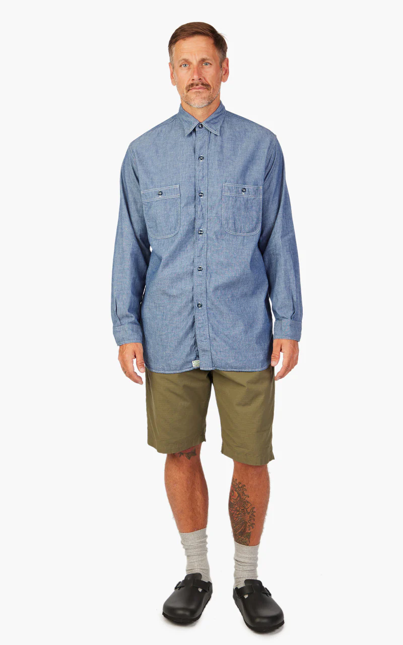 OrSlow Vintage Fit Chambray Work Shirt Blue - Image 4