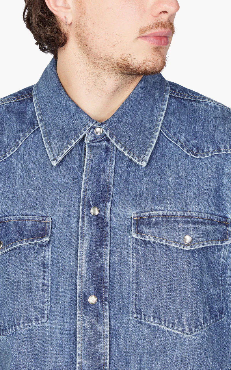 Our Legacy Frontier Shortsleeve Shirt Western Blue Denim - Image 6
