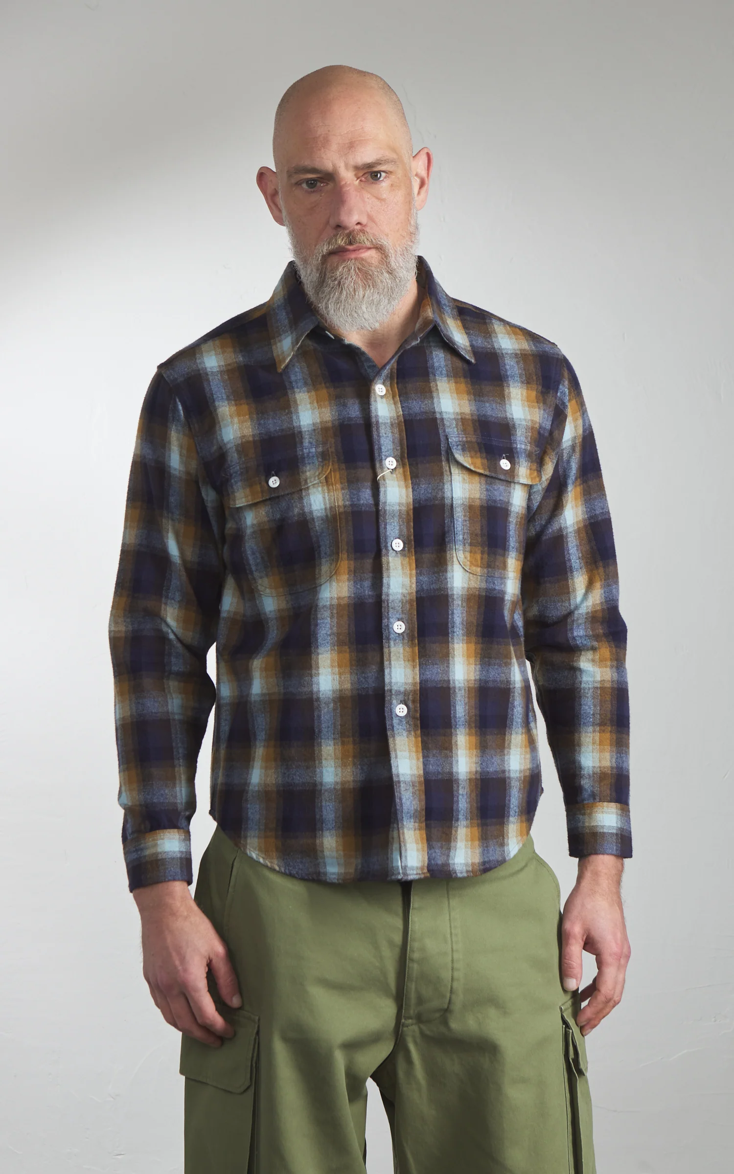 Pherrow's 25W-650WS-C Flannel Work Shirt Navy x Sax Check - Image 2