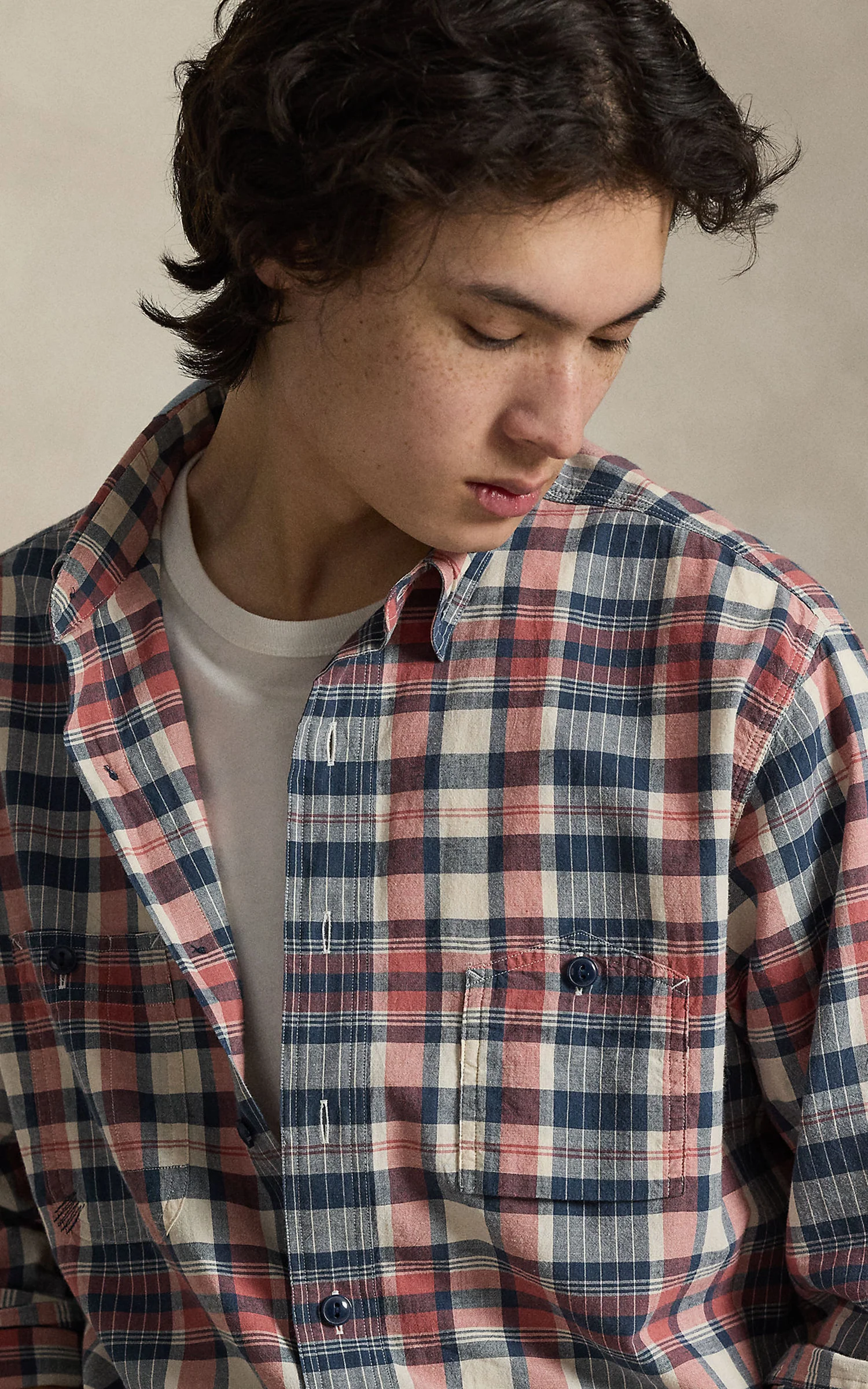 Polo Ralph Lauren Classic Fit Repaired Madras Workshirt Cream Navy - Image 4