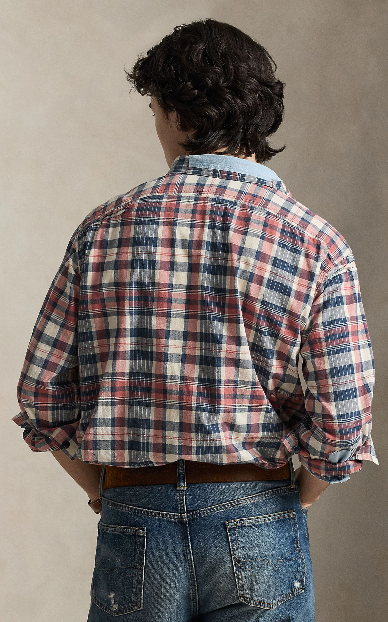 Polo Ralph Lauren Classic Fit Repaired Madras Workshirt Cream Navy - Image 5