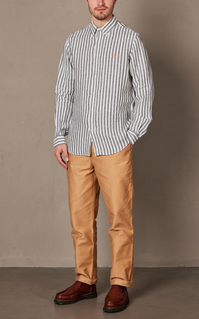 Polo Ralph Lauren Custom Fit Striped Linen Shirt Olive/White - Image 2