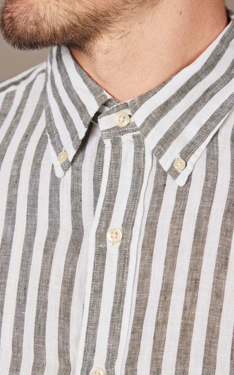 Polo Ralph Lauren Custom Fit Striped Linen Shirt Olive/White - Image 3