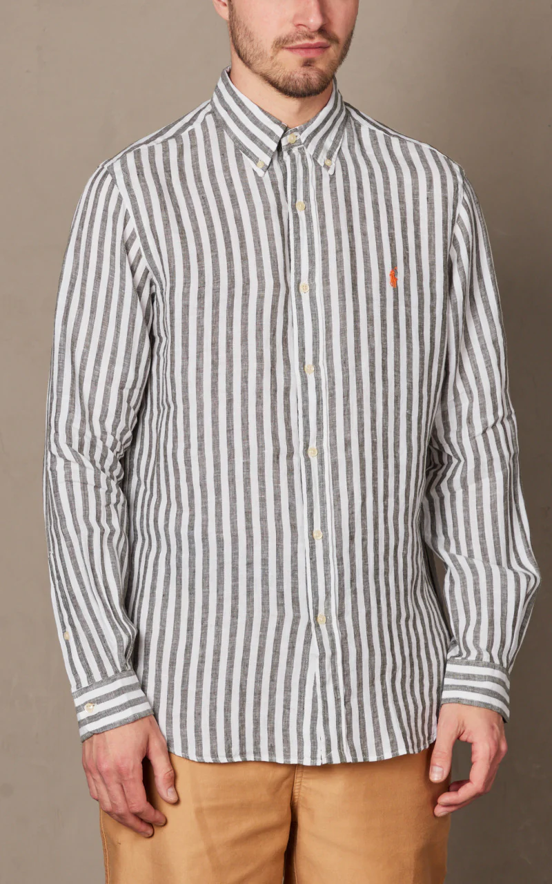 Polo Ralph Lauren Custom Fit Striped Linen Shirt Olive/White - Image 4