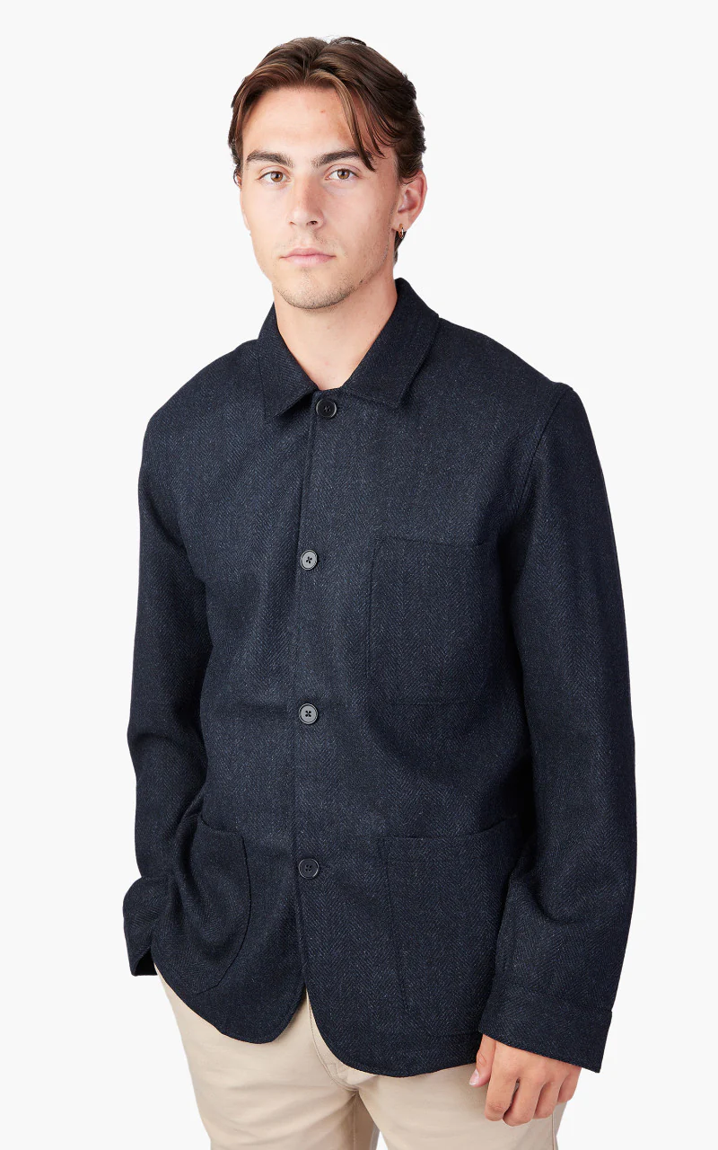 Portuguese Flannel Labura Jacket Herringbone Wool Navy - Image 4