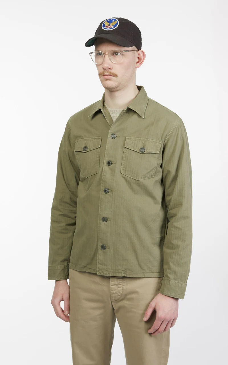 RRL Barrow Military Longsleeve HBT Shirt Military Olive - Image 4