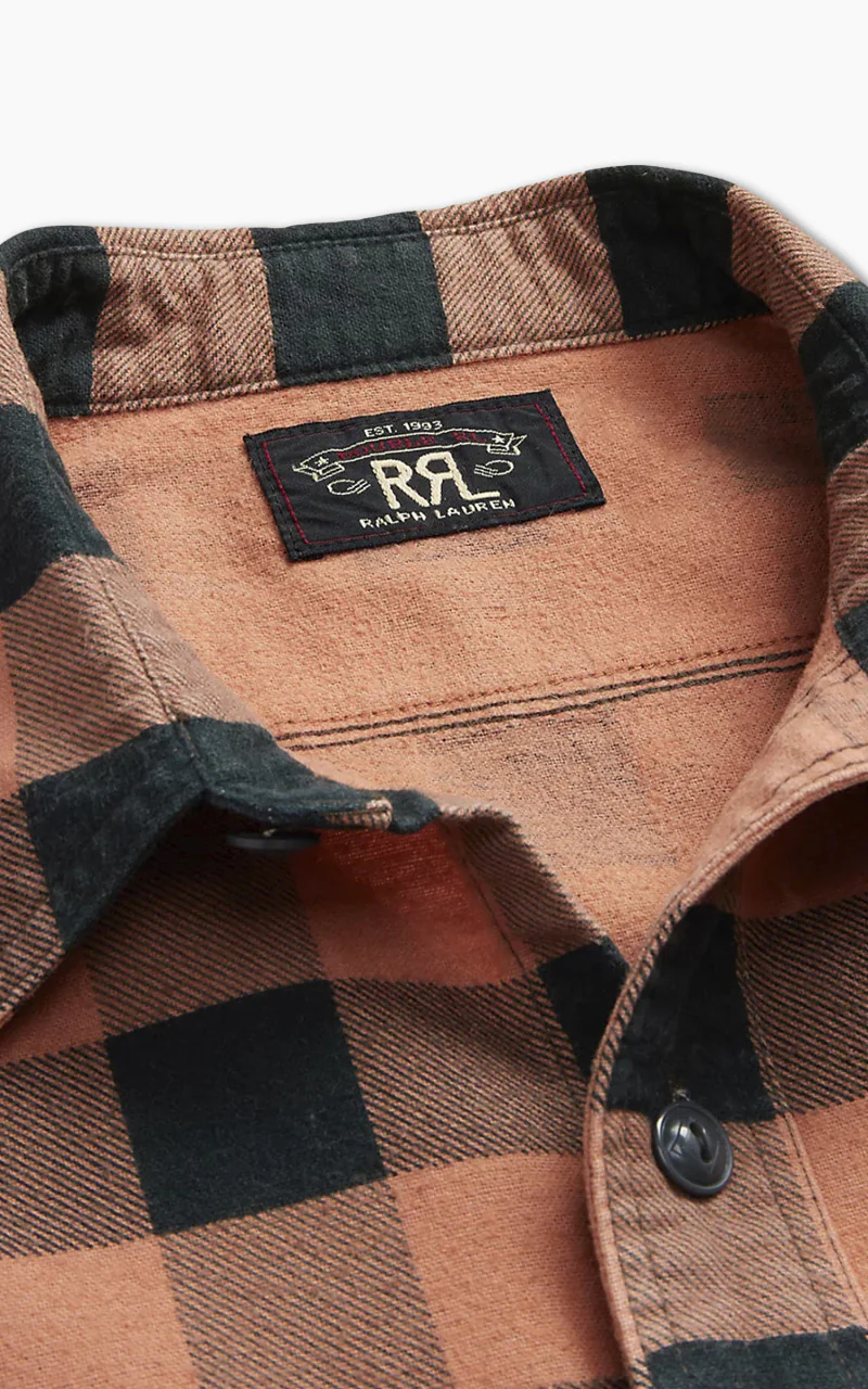 RRL Buffalo Check Chamois Workshirt Coral/Black - Image 3