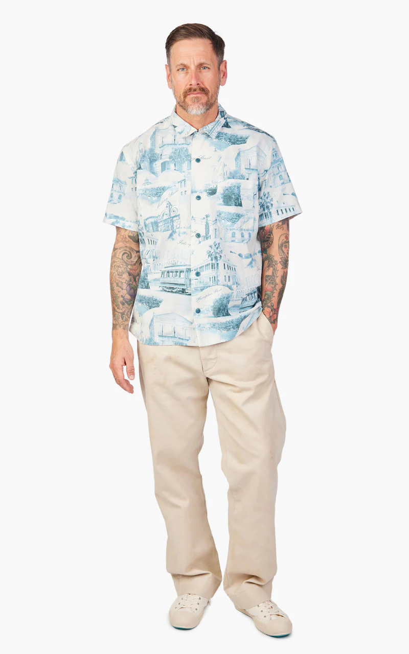 RRL Camp Shirt Postcard-Print Linen-Cotton Cream/Blue - Image 2