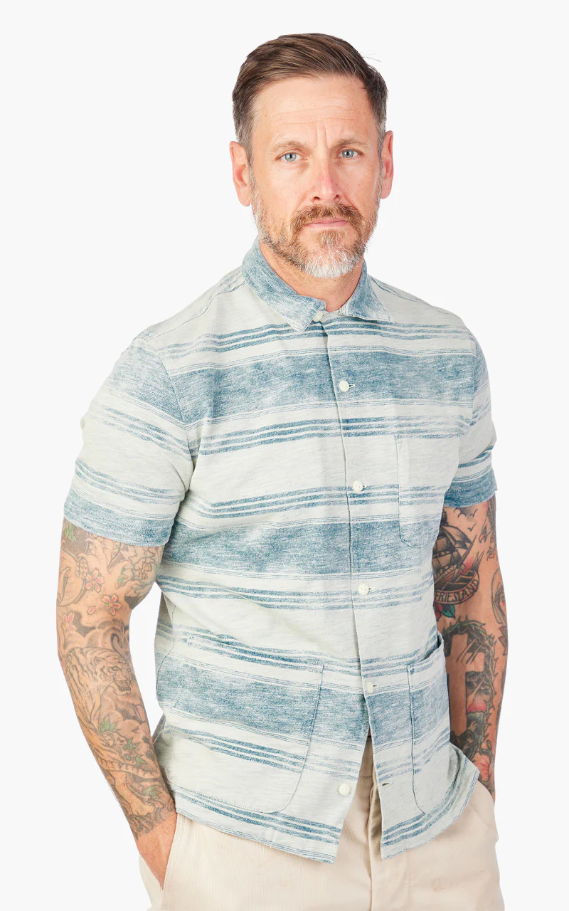RRL Camp Shirt Striped Jersey Indigo - Image 4