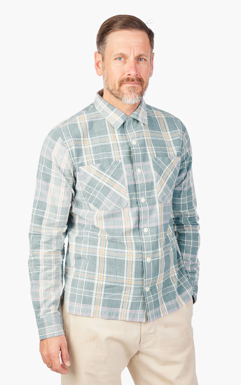 RRL Camp Shirt Towns Madras Light Blue - Image 4