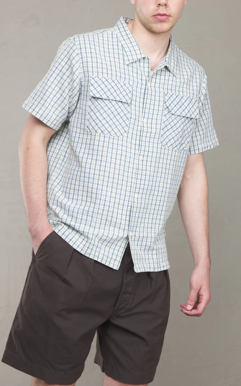RRL Checked Cotton-Linen Camp Shirt Indigo/Cream - Image 8