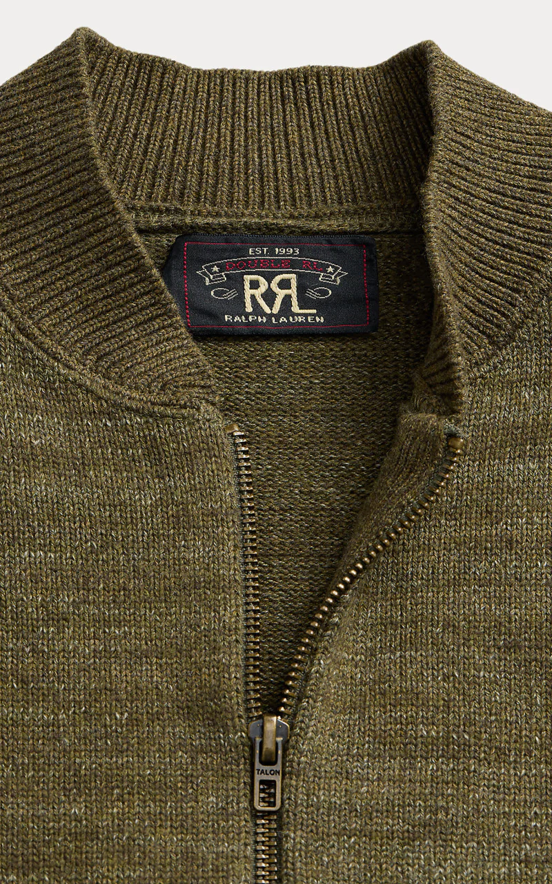 RRL Cotton Wool Full Zip Cardigan Sweater Olive Heather - Image 2