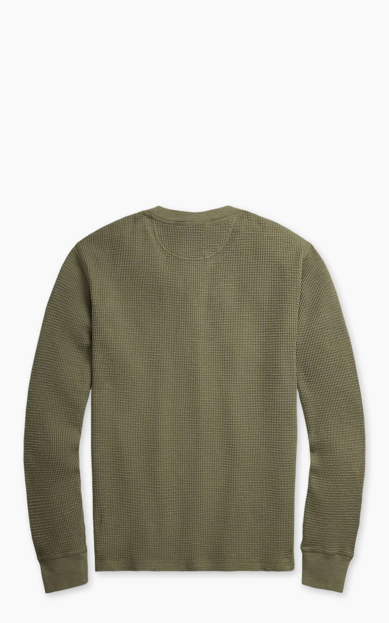 RRL Garment-Dyed Waffle-Knit Henley Shirt Olive - Image 2