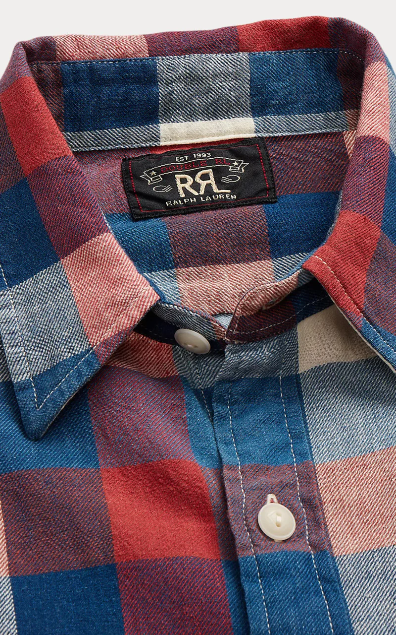 RRL Indigo Plaid Cotton-Linen Workshirt Red/Indigo - Image 3