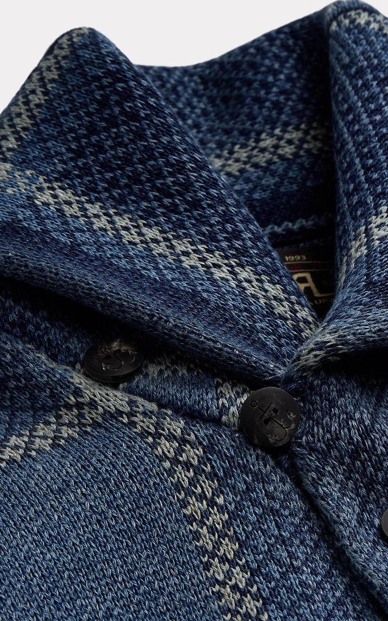 RRL Indigo Plaid Shawl Collar Cardigan Blue Multi - Image 2
