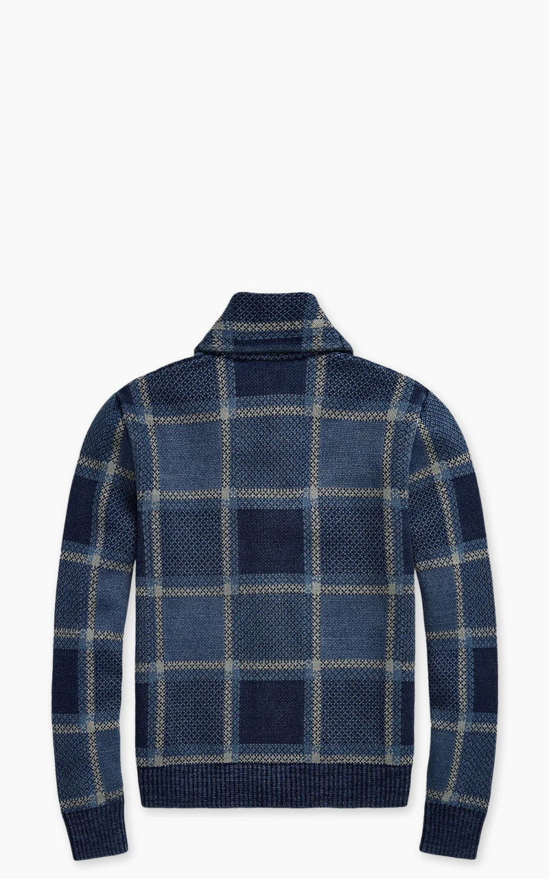 RRL Indigo Plaid Shawl Collar Cardigan Blue Multi - Image 3